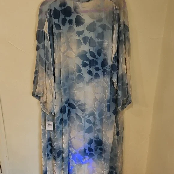 NWT NATORI BLUE FALLING LEAVES LONG VELVET BURNOUT SILK‎  KIMONO - Picture 7 of 13